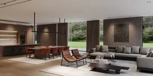 A modern living room with a large sofa, chairs, and a dining table.