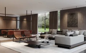 Contemporary living room featuring neutral-toned materials and organic design elements.