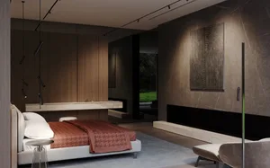現代簡約臥室，搭配大理石地板與木質元素。