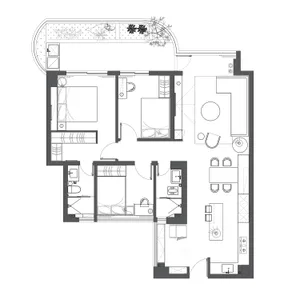 Modern residential floor plan with two bedrooms, kitchen, and living area.