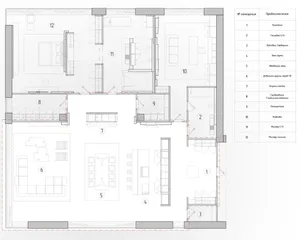 A modern residential floor plan showing various rooms and areas, including bedrooms, bathrooms, and common spaces.