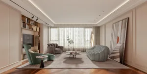 A modern-style living room featuring cozy fabrics, a plush sofa, comfortable armchairs, and a stylish coffee table with decor