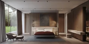 Modern minimalist bedroom featuring wooden walls and a large window overlooking a forest