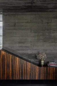 A modern living room with a concrete wall and wooden furniture.
