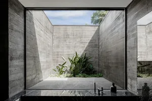 Concrete walls and floor in an industrial-style interior space with green plants and a skylight.