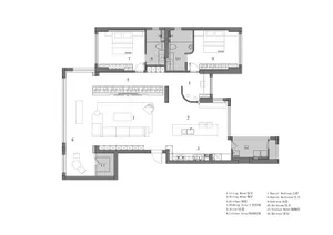 Floor plan of a modern apartment with a living room, dining room, kitchen, bedrooms, bathrooms, and balcony.