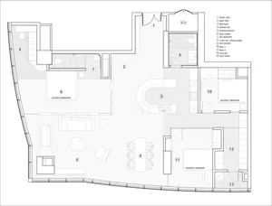 A detailed 2D architectural drawing of a modern residential interior with concrete elements.