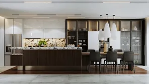 Modern kitchen with marble and wooden elements, featuring a large island and hanging pendant lights.