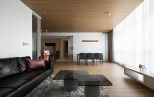 Modern minimalist living room with black leather sofa, glass tables, and frosted glass windows.