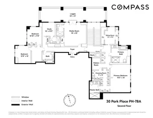 Floor plan of a residential apartment showing living spaces and bedrooms.