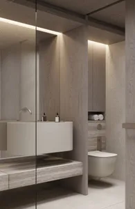 Modern minimalist bathroom with wooden accents and a white sink.