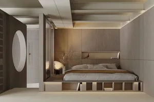 Minimalist bedroom featuring wood walls, a floating bed platform, and a shelf with decorative elements.