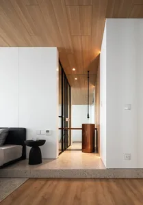 Modern minimalist residential entryway featuring wooden flooring and marble accents.