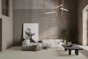 Modern minimalist living room featuring neutral tones, wood accents, and a large black and white wall art canvas.