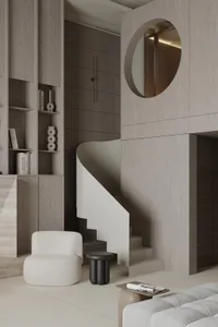 A minimalist residential interior featuring a wood staircase and shelving unit.