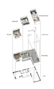 An architectural floor plan depicting a modern apartment with concrete, glass, and wooden elements.