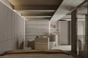 Modern bathroom with marble walls and ceiling beams, featuring a minimalist design and a freestanding bathtub.