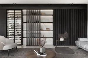 Modern industrial-style living room with metal shelves, marble accents, and wooden furniture.