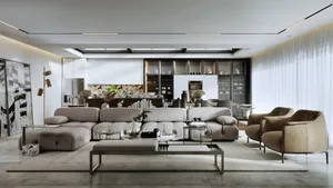 A modern living room with a comfortable fabric sofa, minimalistic design, and a clean, spacious layout.