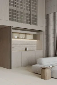 A modern living room featuring a wooden storage unit with a sleek, minimalist design.