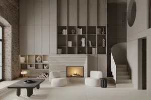 A modern living room with minimalist design, featuring white furniture, a fireplace, and wooden shelving.
