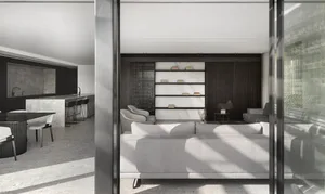 Contemporary living room with marble accents, dark wood, and concrete floor.