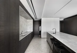 Modern minimalist kitchen featuring marble countertops and walls