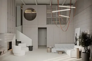 Modern minimalist living room with white furniture and wooden accents