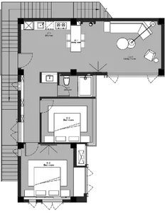 Floor plan of a modern residential apartment with two bedrooms, a living room, a kitchen, and two bathrooms.