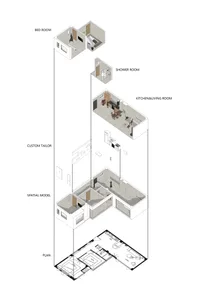 An architectural floor plan depicting a modern residential interior with concrete surfaces.