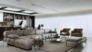 Contemporary living room featuring luxurious fabric upholstery, modern coffee tables, and minimalist decor.