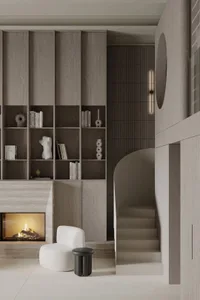Modern living room with wooden walls and a fireplace.