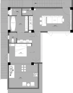 Modern floor plan of a living space with a living room, bedroom, bathroom, and balcony.