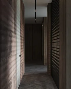A modern hallway with dark wooden walls and flooring, featuring a minimalist aesthetic.