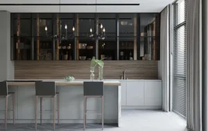 Modern kitchen featuring glass-front cabinets and metallic accents