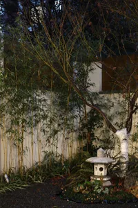 A minimalist garden featuring concrete, stone, and bamboo elements.