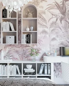 A modern, minimalist home office space with white shelves, a desk, and a bed against a pink floral wall.