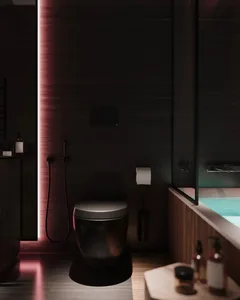 Industrial-style bathroom with dark metal finishes and a modern design.