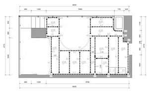 Modern architectural floor plan with concrete, glass, and steel materials