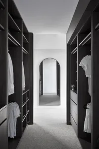Modern closet with dark wood cabinetry and minimalist design.