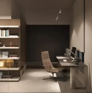 A modern home office featuring a glass wall with minimalist design and sleek, contemporary furniture.