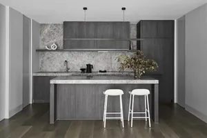 Modern kitchen with marble counter and dark wooden cabinets