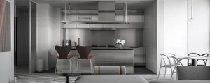 Modern kitchen featuring sleek stainless steel appliances and cabinets, with minimalist design elements and a clean, open lay