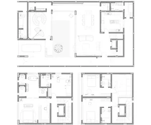 Floor plan of a modern living room featuring clean lines and concrete finishes