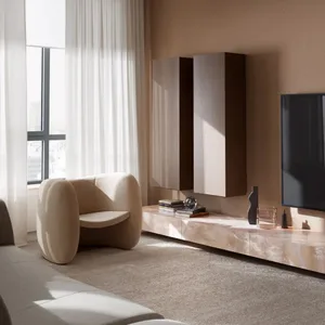A modern minimalist living room featuring concrete and marble elements.