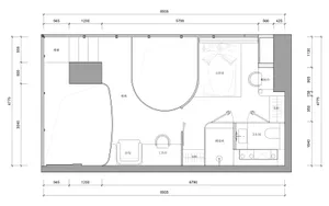 Floor plan of a modern open-concept living space with various functional areas and dimensions.