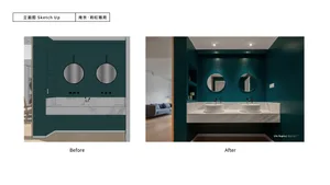 Comparison of a modern bathroom renovation using deep green paint, marble countertops, and white vessel sinks before and afte