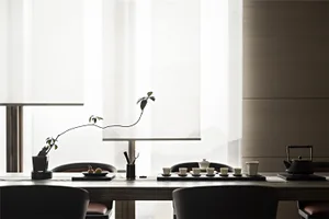 Industrial-style interior design featuring a metal-organic framework, minimalist furnishings, and bold color scheme.