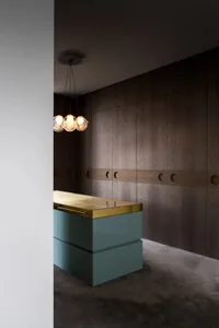 Modern minimal kitchen with wooden cabinets, metal accents, and glass countertops.