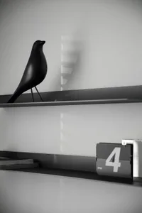 A minimalist black bird figurine perched on a sleek black shelf.